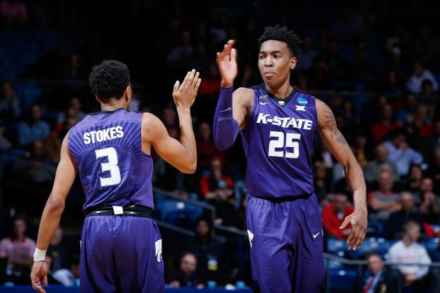 DAYTON, OH - MARCH 14:  Kamau Stokes #3 of the Kansas State Wildcats high fives Wesley Iwundu #25 in the second half against the Wake Forest Demon Deacons during the First Four game in the 2017 NCAA Men's Basketball Tournament at UD Arena on March 14, 2017 in Dayton, Ohio.  (Photo by Joe Robbins/Getty Images)