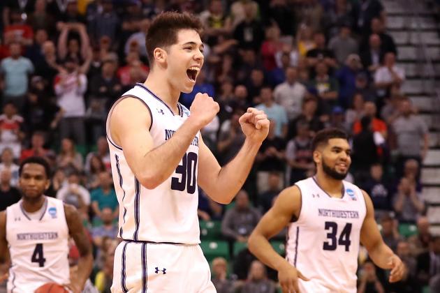 SALT LAKE CITY, UT - MARCH 16:  Bryant McIntosh #30 of the Northwestern Wildcats celebrates with teammates after defeating the Vanderbilt Commodores during the first round of the 2017 NCAA Men's Basketball Tournament at Vivint Smart Home Arena on March 16, 2017 in Salt Lake City, Utah.  (Photo by Christian Petersen/Getty Images)