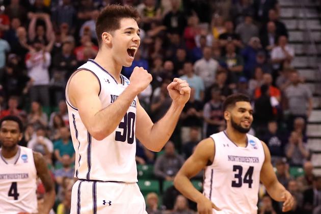 SALT LAKE CITY, UT - MARCH 16:  Bryant McIntosh #30 of the Northwestern Wildcats celebrates with teammates after defeating the Vanderbilt Commodores during the first round of the 2017 NCAA Men's Basketball Tournament at Vivint Smart Home Arena on March 16, 2017 in Salt Lake City, Utah.  (Photo by Christian Petersen/Getty Images)