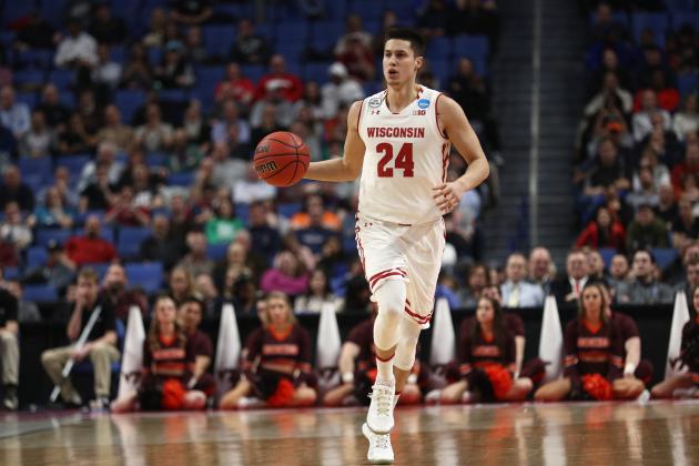 BUFFALO, NY - MARCH 16: Bronson Koenig #24 of the Wisconsin Badgers drives against the Virginia Tech Hokies in the second half during the first round of the 2017 NCAA Men's Basketball Tournament at KeyBank Center on March 16, 2017 in Buffalo, New York. The Wisconsin Badgers won 84-74. (Photo by Maddie Meyer/Getty Images)