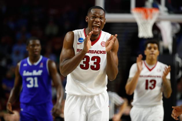 GREENVILLE, SC - MARCH 17:  Moses Kingsley #33 of the Arkansas Razorbacks reacts in the second half against the Seton Hall Pirates in the first round of the 2017 NCAA Men's Basketball Tournament  at Bon Secours Wellness Arena on March 17, 2017 in Greenville, South Carolina.  (Photo by Gregory Shamus/Getty Images)