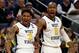 BUFFALO, NY - MARCH 16: James Bolden #3 and Jevon Carter #2 of the West Virginia Mountaineers react from the bench against the Bucknell Bison during the first round of the 2017 NCAA Men's Basketball Tournament at KeyBank Center on March 16, 2017 in Buffalo, New York. (Photo by Elsa/Getty Images)