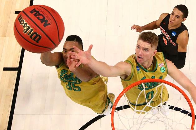 BUFFALO, NY - MARCH 16: Bonzie Colson #35 and Rex Pflueger #0 of the Notre Dame Fighting Irish look for the rebound against the Princeton Tigers during the first round of the 2017 NCAA Men's Basketball Tournament at KeyBank Center on March 16, 2017 in Buffalo, New York. (Photo by Maddie Meyer/Getty Images)