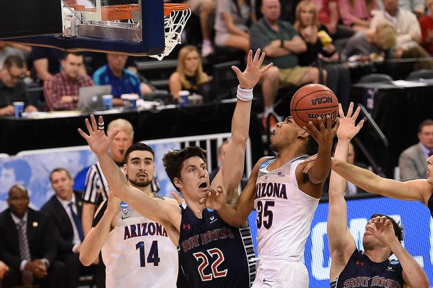 SALT LAKE CITY, UT - MARCH 18: Allonzo Trier #35 of the Arizona Wildcats attempts a shot defended by Dane Pineau #22 of the St. Mary's Gaels during the second round of the 2017 NCAA Men's Basketball Tournament at Vivint Smart Home Arena on March 18, 2017 in Salt Lake City, Utah.  (Photo by Gene Sweeney Jr./Getty Images)