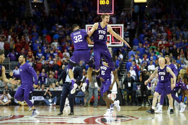 KANSAS CITY, MO - MARCH 09:  Vladimir Brodziansky #10 and Karviar Shepherd #32 of the TCU Horned Frogs celebrate as the Horned Frogs defeat the Kansas Jayhawks 85-82 to win the quarterfinal game of the Big 12 Basketball Tournament at the Sprint Center on March 9, 2017 in Kansas City, Missouri.  (Photo by Jamie Squire/Getty Images)
