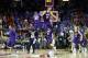 KANSAS CITY, MO - MARCH 09: Vladimir Brodziansky #10 and Karviar Shepherd #32 of the TCU Horned Frogs celebrate as the Horned Frogs defeat the Kansas Jayhawks 85-82 to win the quarterfinal game of the Big 12 Basketball Tournament at the Sprint Center on March 9, 2017 in Kansas City, Missouri. (Photo by Jamie Squire/Getty Images)