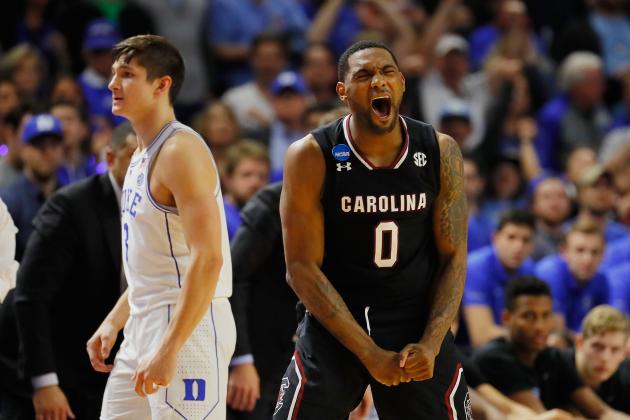 GREENVILLE, SC - MARCH 19:  Sindarius Thornwell #0 of the South Carolina Gamecocks reacts in the second half against the Duke Blue Devils during the second round of the 2017 NCAA Men's Basketball Tournament at Bon Secours Wellness Arena on March 19, 2017 in Greenville, South Carolina.  (Photo by Kevin C. Cox/Getty Images)