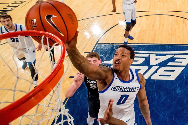 NEW YORK, NY - MARCH 10:  Marcus Foster #0 of the Creighton Bluejays attempts a shot past Sean O'Mara #54 of the Xavier Musketeers during the Big East Basketball Tournament - Semifinals at Madison Square Garden on March 10, 2017 in New York City.  (Photo by Steven Ryan/Getty Images)