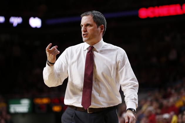 AMES, IA - FEBRUARY 11: Head coach Steve Prohm of the Iowa State Cyclones coaches from the bench in the second half of play against the Oklahoma Sooners at Hilton Coliseum on February 11, 2017 in Ames, Iowa. The Iowa State Cyclones won 80-64 over the Oklahoma Sooners. (Photo by David Purdy/Getty Images)