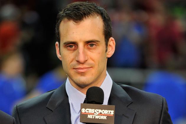 LAS VEGAS, NV - MARCH 13: Basketball analyst Doug Gottlieb broadcasts prior to the start of the Air Force Falcons playing against the UNLV Rebels during a quarterfinal game of the Reese's Mountain West Conference Basketball tournament at the Thomas & Mack Center on March 13, 2013 in Las Vegas, Nevada.  (Photo by Jeff Bottari/Getty Images)