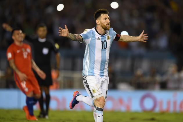 Argentina's Lionel Messi celebrates after scoring against Chile during their 2018 FIFA World Cup qualifier football match at the Monumental stadium in Buenos Aires, Argentina, on March 23, 2017. / AFP PHOTO / EITAN ABRAMOVICH        (Photo credit should read EITAN ABRAMOVICH/AFP/Getty Images)