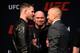 LAS VEGAS, NV - MARCH 03: (L-R) UFC middleweight champion Michael Bisping of England faces off against Georges St-Pierre of Canada during the UFC press conference at T-Mobile arena on March 3, 2017 in Las Vegas, Nevada. (Photo by Josh Hedges/Zuffa LLC/Zuffa LLC via Getty Images)