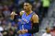 NEW ORLEANS, LA - JANUARY 25: Russell Westbrook #0 of the Oklahoma City Thunder reacts after scoring during the first half of a game against the New Orleans Pelicans at the Smoothie King Center on January 25, 2017 in New Orleans, Louisiana. NOTE TO USER: User expressly acknowledges and agrees that, by downloading and or using this photograph, User is consenting to the terms and conditions of the Getty Images License Agreement. (Photo by Jonathan Bachman/Getty Images)