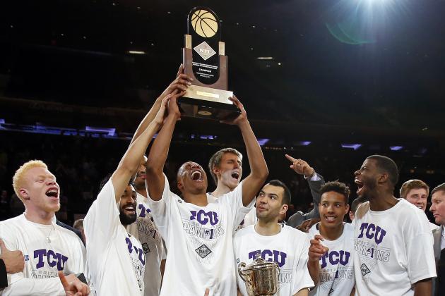 Mar 30, 2017; New York, NY, USA; The TCU Horned Frogs pose with the trophy after defeating the Georgia Tech Yellow Jackets in the championship game of the 2017 NIT Tournament at Madison Square Garden. Mandatory Credit: Adam Hunger-USA TODAY Sports