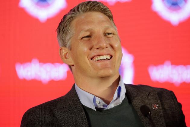 Chicago Fire new midfielder Bastian Schweinsteiger smiles as he listens to a question after being introduced during a news conference on March 29, 2017 in Chicago, Illinois. 
Schweinsteiger will play with the Chicago Fire Major League Soccer team after signing a one year contract for  USD 4.5 million for the 2017 season. / AFP PHOTO / Joshua LOTT        (Photo credit should read JOSHUA LOTT/AFP/Getty Images)