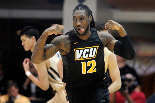 WASHINGTON, DC - FEBRUARY 27:  Mo Alie-Cox #12 of the Virginia Commonwealth Rams celebrates after scoring against the George Washington Colonials at the Charles E. Smith Athletic Center on February 27, 2016 in Washington, DC.  (Photo by G Fiume/Getty Images)
