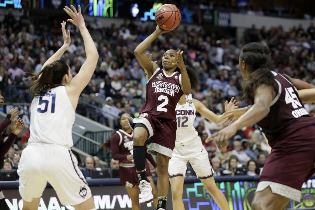 Mississippi State guard Morgan William (2) drives to the basket as Connecticut center Natalie Butler (51) defends during the first half of an NCAA college basketball game in the semifinals of the women's Final Four, Friday, March 31, 2017, Friday, March 31, 2017, in Dallas. (AP Photo/LM Otero)