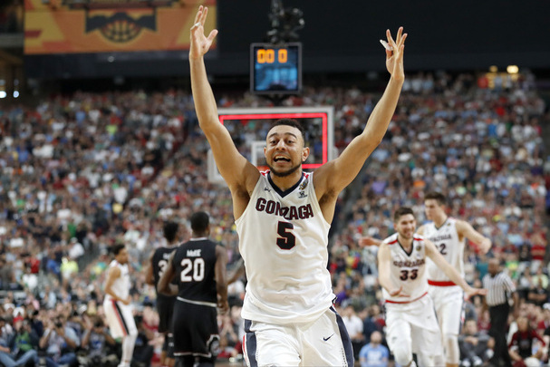 Gonzaga's Nigel Williams-Goss (5) celebrates after the semifinals of the Final Four NCAA college basketball tournament against South Carolina, Saturday, April 1, 2017, in Glendale, Ariz. Gonzaga won 77-73. (AP Photo/Charlie Neibergall)