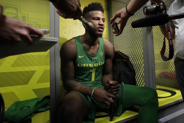 Oregon's Jordan Bell (1) is interviewed in the locker room after the semifinals against North Carolina of the Final Four NCAA college basketball tournament, Saturday, April 1, 2017, in Glendale, Ariz. North Carolina won 77-76.(AP Photo/Mark Humphrey)