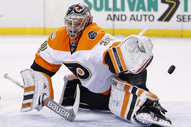 Philadelphia Flyers' Michal Neuvirth, of the Czech Republic, can not stop a shot by Boston Bruins' Zdeno Chara, of Slovakia, during the second period of an NHL hockey game in Boston, Saturday, Jan. 14, 2017. The Bruins won -6-3. (AP Photo/Michael Dwyer)