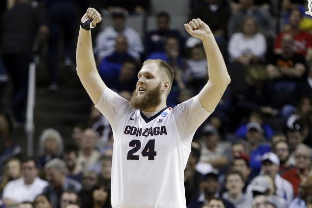 Gonzaga center Przemek Karnowski (24) celebrates in the closing minutes of a win over Xavier during an NCAA Tournament college basketball regional final game Saturday, March 25, 2017, in San Jose, Calif. (AP Photo/Ben Margot)