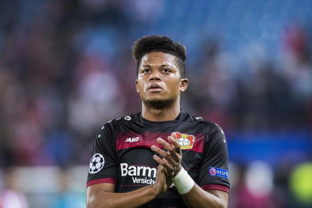 MADRID, SPAIN - MARCH 15: Leon Bailey of Bayer 04 Leverkusen celebrates during their 2016-17 UEFA Champions League Round of 16 second leg match between Atletico de Madrid and Bayer 04 Leverkusen at the Estadio Vicente Calderon on 15 March 2017 in Madrid, Spain. (Photo by Power Sport Images/Getty Images)