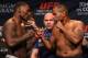 LAS VEGAS, NV - MAY 22: (L-R) Opponents Anthony 'Rumble' Johnson and Daniel Cormier face off during the UFC 187 weigh-in at the MGM Grand Conference Center on May 22, 2015 in Las Vegas, Nevada. (Photo by Josh Hedges/Zuffa LLC/Zuffa LLC via Getty Images)