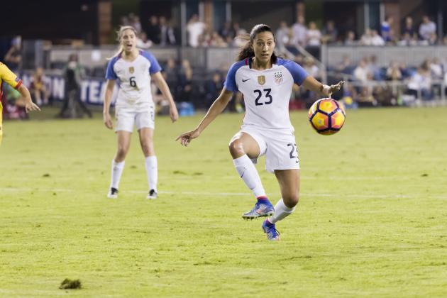 SAN JOSE, CA - NOVEMBER 20:  Christen Press #23 of the USA plays in a soccer game against Romania on November 10, 2016 at Avaya Stadium in San Jose, California.  (Photo by David Madison/Getty Images)