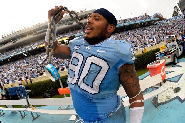 CHAPEL HILL, NC - NOVEMBER 07:  Nazair Jones #90 celebrates after a win against the Duke Blue Devils at Kenan Stadium on November 7, 2015 in Chapel Hill, North Carolina. North Carolina won 66-31.  (Photo by Grant Halverson/Getty Images)
