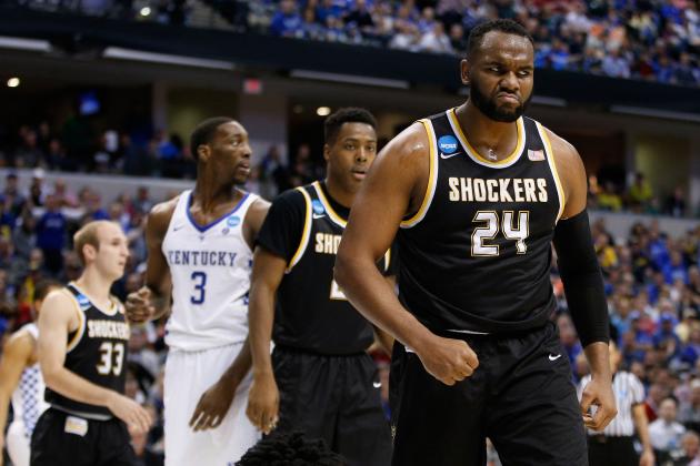 INDIANAPOLIS, IN - MARCH 19: Shaquille Morris #24 of the Wichita State Shockers reacts after blocking a shot by De'Aaron Fox #0 (not pictured) of the Kentucky Wildcats in the first half during the second round of the 2017 NCAA Men's Basketball Tournament at the Bankers Life Fieldhouse on March 19, 2017 in Indianapolis, Indiana. (Photo by Joe Robbins/Getty Images)
