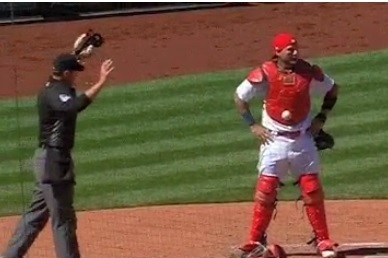 Ball sticks in chest protector of St. Louis Cardinals catcher