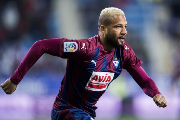 EIBAR, SPAIN - FEBRUARY 25:  Tiago Manuel Dias Correia 'Bebe' of SD Eibar reacts during the La Liga match between SD Eibar and Malaga CF at Ipurua Municipal Stadium on February 25, 2017 in Eibar, Spain.  (Photo by Juan Manuel Serrano Arce/Getty Images)
