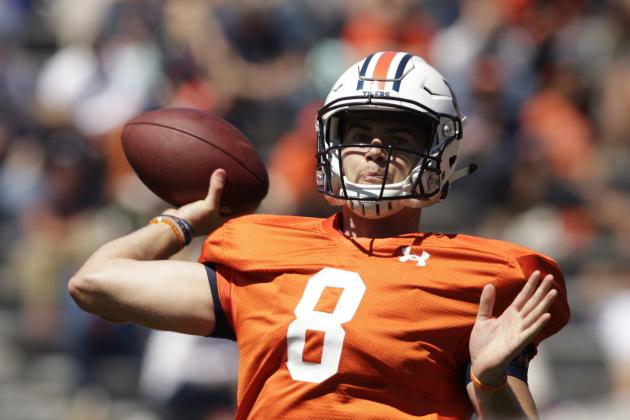 Auburn quarterback Jarrett Stidham makes a throw in the first half of Auburn's NCAA college football spring game on Saturday, April 8, 2017 in Auburn, Ala. (AP Photo/Todd Van Emst)