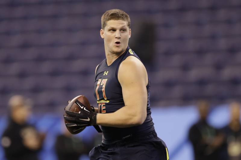Ashland tight end Adam Shaheen runs a drill at the NFL football scouting combine Saturday, March 4, 2017, in Indianapolis. (AP Photo/David J. Phillip)