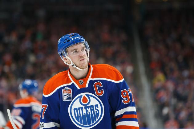 EDMONTON, AB - APRIL 9:  Connor McDavid #97 of the Edmonton Oilers looks skyward after recording his 100th point of the season on an assist against the Vancouver Canucks on April 9, 2017 at Rogers Place in Edmonton, Alberta, Canada. The Oilers won 5-2. (Photo by Codie McLachlan/Getty Images)