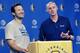 Former Dallas Cowboys quarterback Tony Romo, left, and Dallas Mavericks head coach Rick Carlisle share a laugh while speaking to reporters in Dallas, Tuesday, April 11, 2017. Romo will be a Maverick for day and ride the bench when the team plays a home finale featuring two teams that failed to make the playoffs this year. (AP Photo/LM Otero)