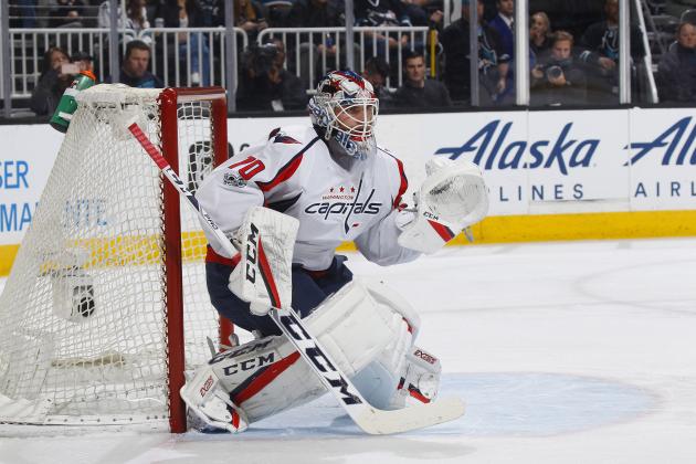 SAN JOSE, CA - MARCH 09: Braden Holtby #70 of the Washington Capitals defends the net against the San Jose Sharks at SAP Center on March 9, 2017 in San Jose, California. (Photo by Rocky W. Widner/NHL/Getty Images)