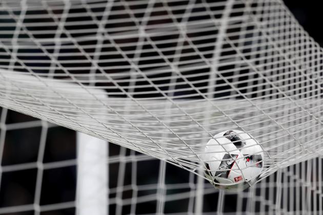 WOLFSBURG, GERMANY - APRIL 05: The Bundesliga ball is pictured in the goal net during the Bundesliga match between VfL Wolfsburg and SC Freiburg at Volkswagen Arena on April 5, 2017 in Wolfsburg, Germany. (Photo by Boris Streubel/Getty Images)