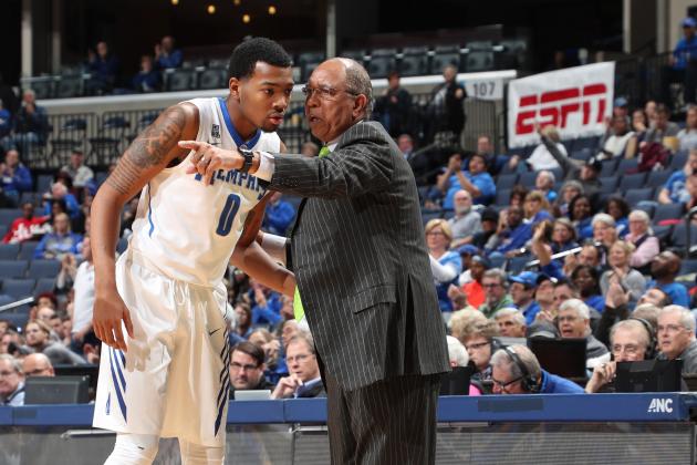 MEMPHIS, TN - MARCH 2: Tubby Smith, head coach of the Memphis Tigers talks with K.J. Lawson #0 of the Memphis Tigers against the Tulane Green Wave on March 2, 2017 at FedExForum in Memphis, Tennessee. Memphis defeated Tulane 92-70. (Photo by Joe Murphy/Getty Images)