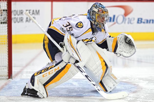 WASHINGTON, DC - MARCH 16: Goalie Pekka Rinne #35 of the Nashville Predators tends the net against the Washington Capitals during the second period at Verizon Center on March 16, 2017 in Washington, DC. (Photo by Patrick Smith/Getty Images)