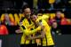 Dortmund's Gabonese forward Pierre-Emerick Aubameyang (L) celebrates his 3-1 goal during the German First division Bundesliga football match between Borussia Dortmund and Eintracht Frankfurt in Dortmund, western Germany, on April 15, 2017. / AFP PHOTO / SASCHA SCHUERMANN / RESTRICTIONS: DURING MATCH TIME: DFL RULES TO LIMIT THE ONLINE USAGE TO 15 PICTURES PER MATCH AND FORBID IMAGE SEQUENCES TO SIMULATE VIDEO. == RESTRICTED TO EDITORIAL USE == FOR FURTHER QUERIES PLEASE CONTACT DFL DIRECTLY AT + 49 69 650050
(Photo credit should read SASCHA SCHUERMANN/AFP/Getty Images)