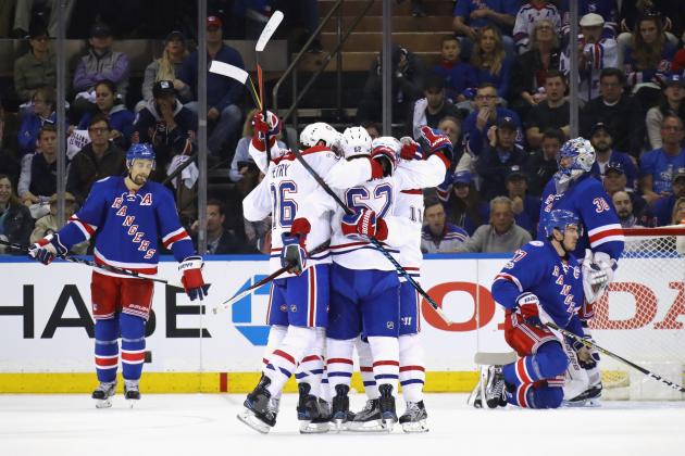 NEW YORK, NY - APRIL 16:  The Montreal Canadiens congratulate Artturi Lehkonen #62 on his powerplay goal at 17:37 of the second period against Henrik Lundqvist #30 of the New York Rangers in Game Three of the Eastern Conference First Round during the 2017 NHL Stanley Cup Playoffs at Madison Square Garden on April 16, 2017 in New York City.  (Photo by Bruce Bennett/Getty Images)