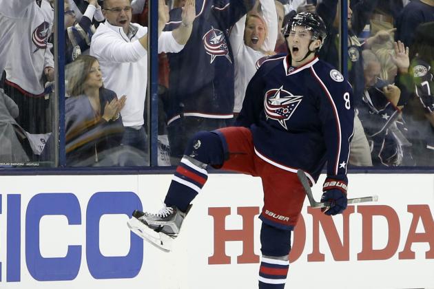 Columbus Blue Jackets' Zach Werenski celebrates his goal against the Pittsburgh Penguins during the first period in Game 3 of a first-round NHL hockey playoff series Sunday, April 16, 2017, in Columbus, Ohio. (AP Photo/Jay LaPrete)