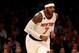 NEW YORK, NY - APRIL 12: Carmelo Anthony #7 of the New York Knicks celebrates his shot in the first quarter against the Philadelphia 76ers at Madison Square Garden on April 12, 2017 in New York City. NOTE TO USER: User expressly acknowledges and agrees that, by downloading and or using this Photograph, user is consenting to the terms and conditions of the Getty Images License Agreement (Photo by Elsa/Getty Images)