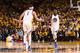 OAKLAND, CA - APRIL 19: JaVale McGee #1 and Draymond Green #23 of the Golden State Warriors high five each other during the game against the Portland Trail Blazers during Game Two of the Western Conference Quarterfinals during the 2017 NBA Playoffs on April 19, 2017 at ORACLE Arena in Oakland, California. NOTE TO USER: User expressly acknowledges and agrees that, by downloading and or using this photograph, user is consenting to the terms and conditions of Getty Images License Agreement. Mandatory Copyright Notice: Copyright 2017 NBAE (Photo by Noah Graham/NBAE via Getty Images)