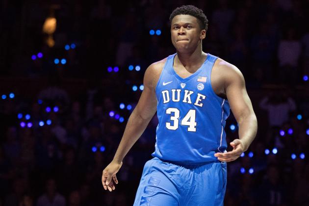 DURHAM, NC - OCTOBER 22: Sean Obi #34 of the Duke Blue Devils looks on during player introductions during Countdown To Craziness at Cameron Indoor Stadium on October 22, 2016 in Durham, North Carolina. (Photo by Lance King/Getty Images)