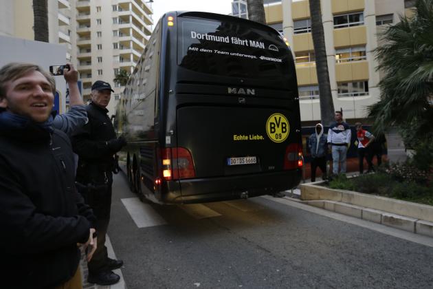 The team bus of German Bundesliga soccer club arrives at the Louis stadium before the Champions League quarterfinal second leg soccer match between Monaco and Dortmund in Monaco, Wednesday April 19, 2017. (AP Photo/Claude Paris)