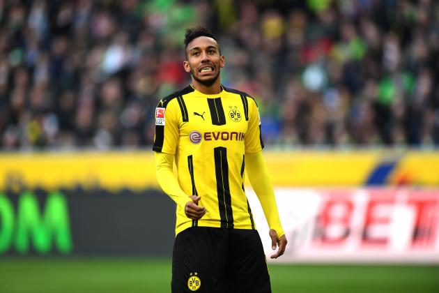 Dortmund's Gabonese striker Pierre-Emerick Aubameyang celebrate after scoring  during the German first division Bundesliga football match Borussia Moenchengladbach v BVB Borussia Dortmund  in Moenchengladbach, western Germany, on April 22, 2017. / AFP PHOTO / PATRIK STOLLARZ / RESTRICTIONS: DURING MATCH TIME: DFL RULES TO LIMIT THE ONLINE USAGE TO 15 PICTURES PER MATCH AND FORBID IMAGE SEQUENCES TO SIMULATE VIDEO. == RESTRICTED TO EDITORIAL USE == FOR FURTHER QUERIES PLEASE CONTACT DFL DIRECTLY AT + 49 69 650050
        (Photo credit should read PATRIK STOLLARZ/AFP/Getty Images)