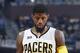 INDIANAPOLIS, IN - APRIL 23: Paul George #13 of the Indiana Pacers reacts against the Cleveland Cavaliers in Game Four of the Eastern Conference Quarterfinals during the 2017 NBA Playoffs at Bankers Life Fieldhouse on April 23, 2017 in Indianapolis, Indiana. The Cavaliers defeated the Pacers 106-102 to sweep the series 4-0. NOTE TO USER: User expressly acknowledges and agrees that, by downloading and or using the photograph, User is consenting to the terms and conditions of the Getty Images License Agreement. (Photo by Joe Robbins/Getty Images)