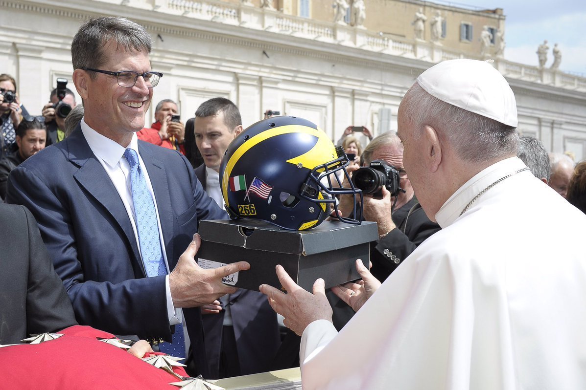 Jim Harbaugh Presents Pope Francis with Michigan Helmet, Jordans | News,  Scores, Highlights, Stats, and Rumors | Bleacher Report